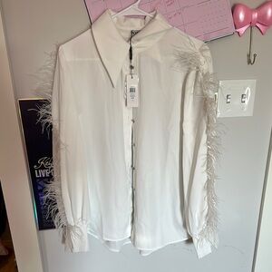 White Feather Trim Button-Up Blouse